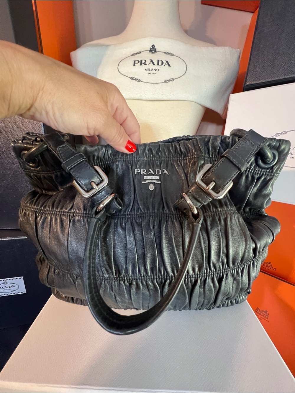 Prada BlackDark Gray Ruched Leather Hobo Bag! ⭐️⭐️Offers are always welcome! - Picture 4 of 15